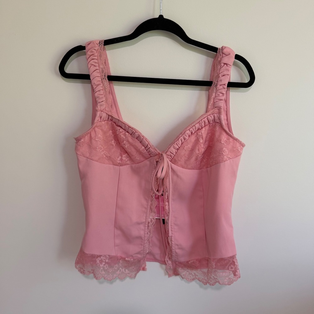 PrettyLittleThing Pink Lace Trim Corset Top Tie Front Ruffle Strap US 10 NEW